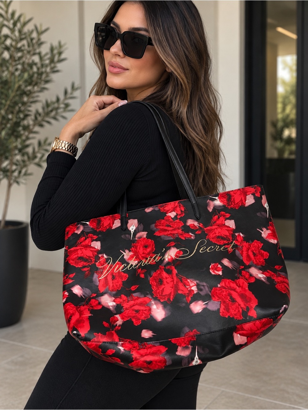 Victoria's Secret Black Tote with Red Floral Print